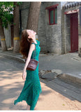 retro floral ruffled temperament waist slit dress HZ1024
