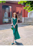 retro floral ruffled temperament waist slit dress HZ1024