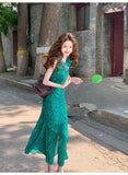 retro floral ruffled temperament waist slit dress HZ1024