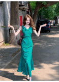 retro floral ruffled temperament waist slit dress HZ1024