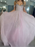 Pink Off-the-Shoulder A-Line Prom Dresses Glitter Tulle Evening Gowns Sweet 18th Birthday Dress Graduation Dress HZ1024