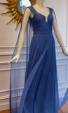 Blue V-neck A-Line Evening Gowns Stunning Chiffon Pleated Formal Dress Graduation Dress HZ1024