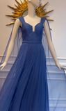 Blue V-neck A-Line Evening Gowns Stunning Chiffon Pleated Formal Dress Graduation Dress HZ1024
