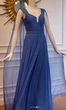 Blue V-neck A-Line Evening Gowns Stunning Chiffon Pleated Formal Dress Graduation Dress HZ1024