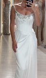 White Sheath Long Prom Dresses Elegant Satin Formal Dress Beaded Trailing Evening Dress HZ1024