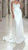 White Sheath Long Prom Dresses Elegant Satin Formal Dress Beaded Trailing Evening Dress HZ1024