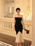 Square Neck Contrast Color Stitching Slim Fishtail Dress HZ1024