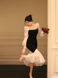 Square Neck Contrast Color Stitching Slim Fishtail Dress HZ1024