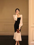 Square Neck Contrast Color Stitching Slim Fishtail Dress HZ1024