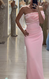 Pink Sheath Long Prom Dresses Elegant Satin One Shoulder Evening Gowns HZ1024