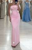 Pink Sheath Long Prom Dresses Elegant Satin One Shoulder Evening Gowns HZ1024