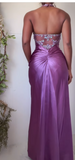 Purple Sheath Long Prom Dresses Elegant Satin Halter Beaded Evening Gowns 22nd Birthday Dress HZ1024