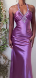 Purple Sheath Long Prom Dresses Elegant Satin Halter Beaded Evening Gowns 22nd Birthday Dress HZ1024