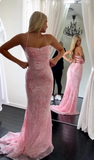 Pink Mermaid Evening Gowns Spaghetti Strap Tulle Sequined Long Prom Dresses Stunning Beaded Birthday Dress HZ1024
