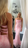 Pink Mermaid Evening Gowns Spaghetti Strap Tulle Sequined Long Prom Dresses Stunning Beaded Birthday Dress HZ1024