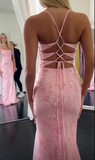Pink Mermaid Evening Gowns Spaghetti Strap Tulle Sequined Long Prom Dresses Stunning Beaded Birthday Dress HZ1024
