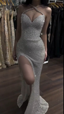 White Mermaid Evening Gowns Halter Beaded Long Prom Dresses Sparkly Slit 23rd Birthday Dress HZ1024