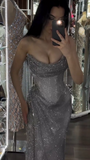 Grey Sheath Evening Gowns Strapless Tulle Long Prom Dresses Sparkly Graduation Dress HZ1024