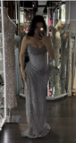 Grey Sheath Evening Gowns Strapless Tulle Long Prom Dresses Sparkly Graduation Dress HZ1024