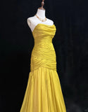 Yellow Mermaid Evening Gowns Strapless Tulle Long Prom Dresses Vintage Formal Dresses HZ1024