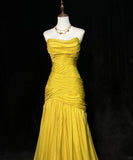 Yellow Mermaid Evening Gowns Strapless Tulle Long Prom Dresses Vintage Formal Dresses HZ1024