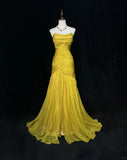Yellow Mermaid Evening Gowns Strapless Tulle Long Prom Dresses Vintage Formal Dresses HZ1024