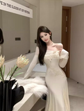 one-shoulder knitted patchwork soft lace slim fishtail dress HZ1024