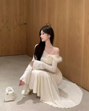 one-shoulder knitted patchwork soft lace slim fishtail dress HZ1024