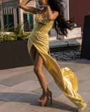 Yellow Sheath Formal Dress Elegant Strapless Satin Evening Gowns Slit Graduation Prom Dresses HZ1024