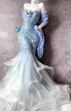 Sweetheart Blue Sheath Formal Dress Elegant Tulle Applique Evening Gown Beaded Birthday Outfit HZ1024