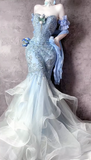 Sweetheart Blue Sheath Formal Dress Elegant Tulle Applique Evening Gown Beaded Birthday Outfit HZ1024