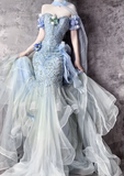 Sweetheart Blue Sheath Formal Dress Elegant Tulle Applique Evening Gown Beaded Birthday Outfit HZ1024