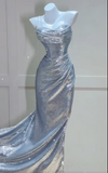 Silver Sheath Formal Dress Elegant Sequin Spaghetti Strap Evening Gowns Birthday Dress HZ1024