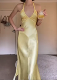 Yellow Sheath Formal Dress Elegant Halter Satin Birthday Dress Backless Evening Dress HZ1024