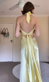 Yellow Sheath Formal Dress Elegant Halter Satin Birthday Dress Backless Evening Dress HZ1024