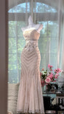 Light Champagne Mermaid Evening Gown Tulle Spaghetti Strap Appliqu¨¦ Long Prom Dresses HZ1024