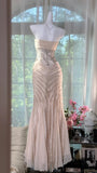 Light Champagne Mermaid Evening Gown Tulle Spaghetti Strap Appliqu¨¦ Long Prom Dresses HZ1024