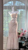 Light Champagne Mermaid Evening Gown Tulle Spaghetti Strap Appliqu¨¦ Long Prom Dresses HZ1024