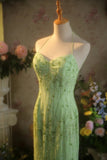 Green Sheath Beaded Graduation Dress Spaghetti Straps Open Back Vintage Evening Gown 18th Birthday HZ1024