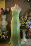 Green Sheath Beaded Graduation Dress Spaghetti Straps Open Back Vintage Evening Gown 18th Birthday HZ1024