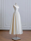 Ivory Square Neck Bridal Dress A-Line Satin Wedding Dress Simple Bridesmaid Dress HZ1024
