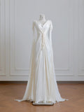 Light Champagne V-Neck Bridal Gown Sheath Chiffon Wedding Dress Modest Applique Bridal Dress HZ1024