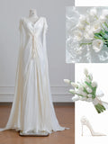Light Champagne V-Neck Bridal Gown Sheath Chiffon Wedding Dress Modest Applique Bridal Dress HZ1024