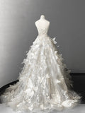 White A-Line Bridal Gown Strapless Beaded Sequin Wedding Dress Modest 3D Butterfly Bridal Dress HZ1024