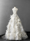 White A-Line Bridal Gown Strapless Beaded Sequin Wedding Dress Modest 3D Butterfly Bridal Dress HZ1024
