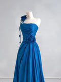 Blue A-Line Evening Dress Satin Birthday Wear Strapless Graduation Prom Dresses HZ1024