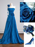 Blue A-Line Evening Dress Satin Birthday Wear Strapless Graduation Prom Dresses HZ1024