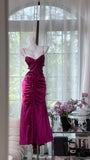 Fuchsia Sheath Evening Dress Satin Birthday Outfit Spaghetti Straps Vintage Party Dresses HZ1024