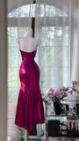 Fuchsia Sheath Evening Dress Satin Birthday Outfit Spaghetti Straps Vintage Party Dresses HZ1024