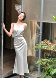 Green Halter Neck Satin Strap Fishtail Dress HZ1024